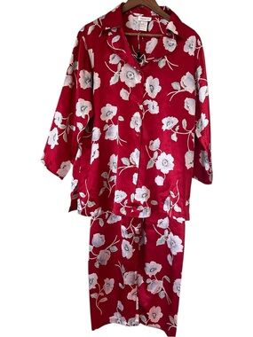 Jones New York Red Floral Satin-like Pajama Set L